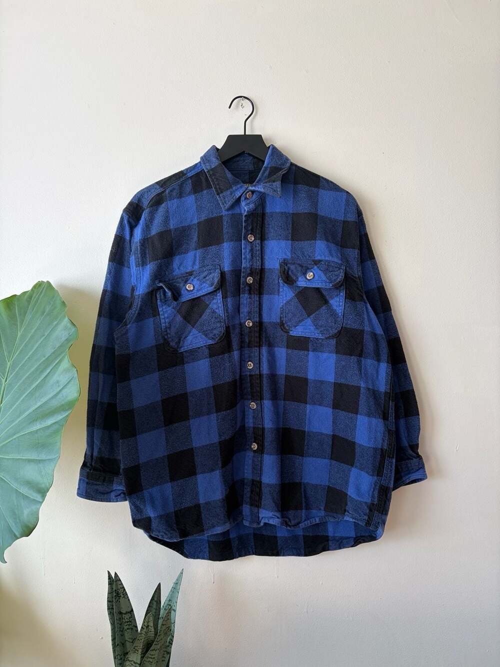 Field & Stream 90s heavy cotton Flannel Shirt Size L Blue Black Plaid